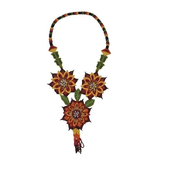 Handmade Huichol Beaded Necklace Sunflower Design Mexican Folk Art Jewelry - Picture 3 of 5
